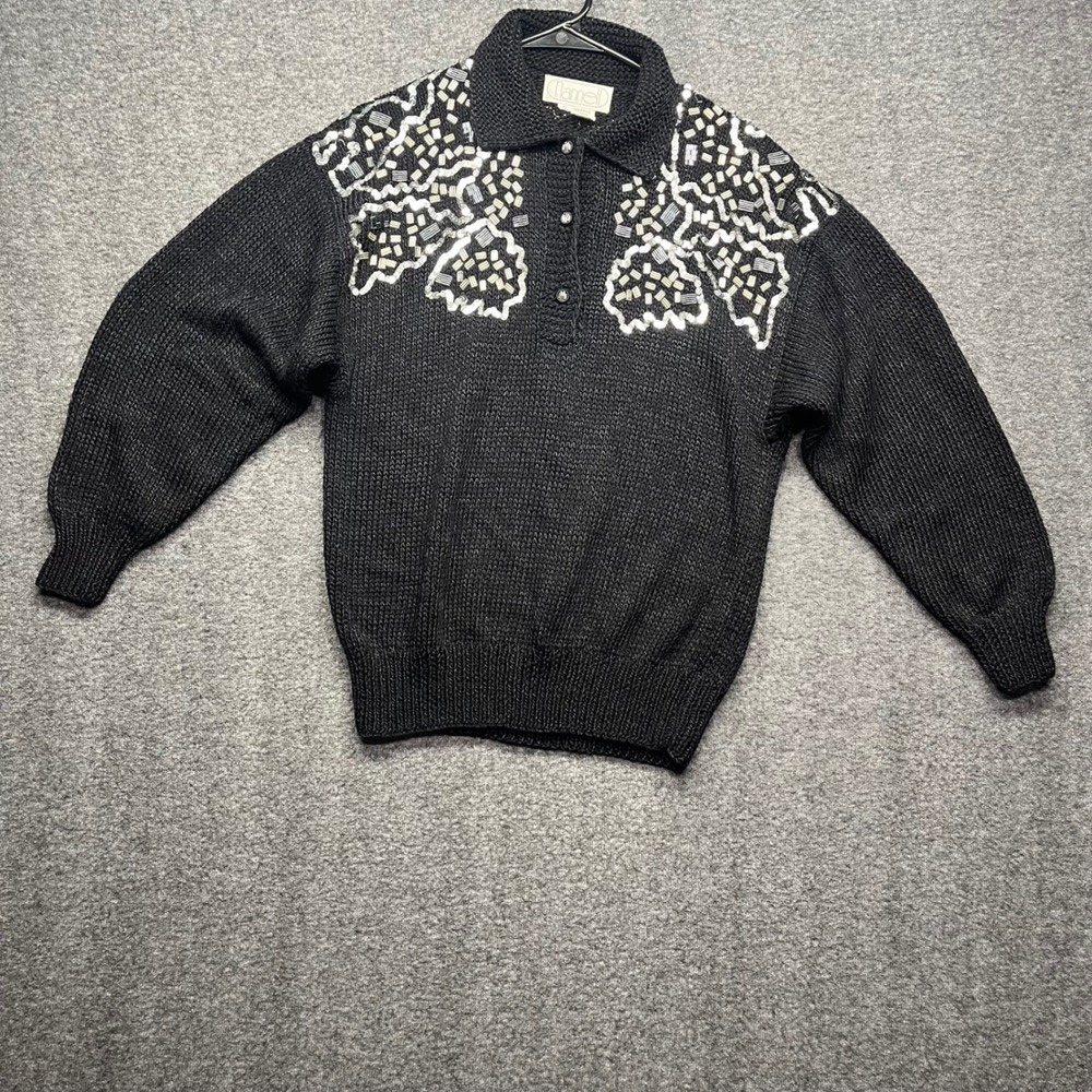 Vintage Nannell Sweater Womens Small Black Beaded Sequin‎ Collar Knit Pullover